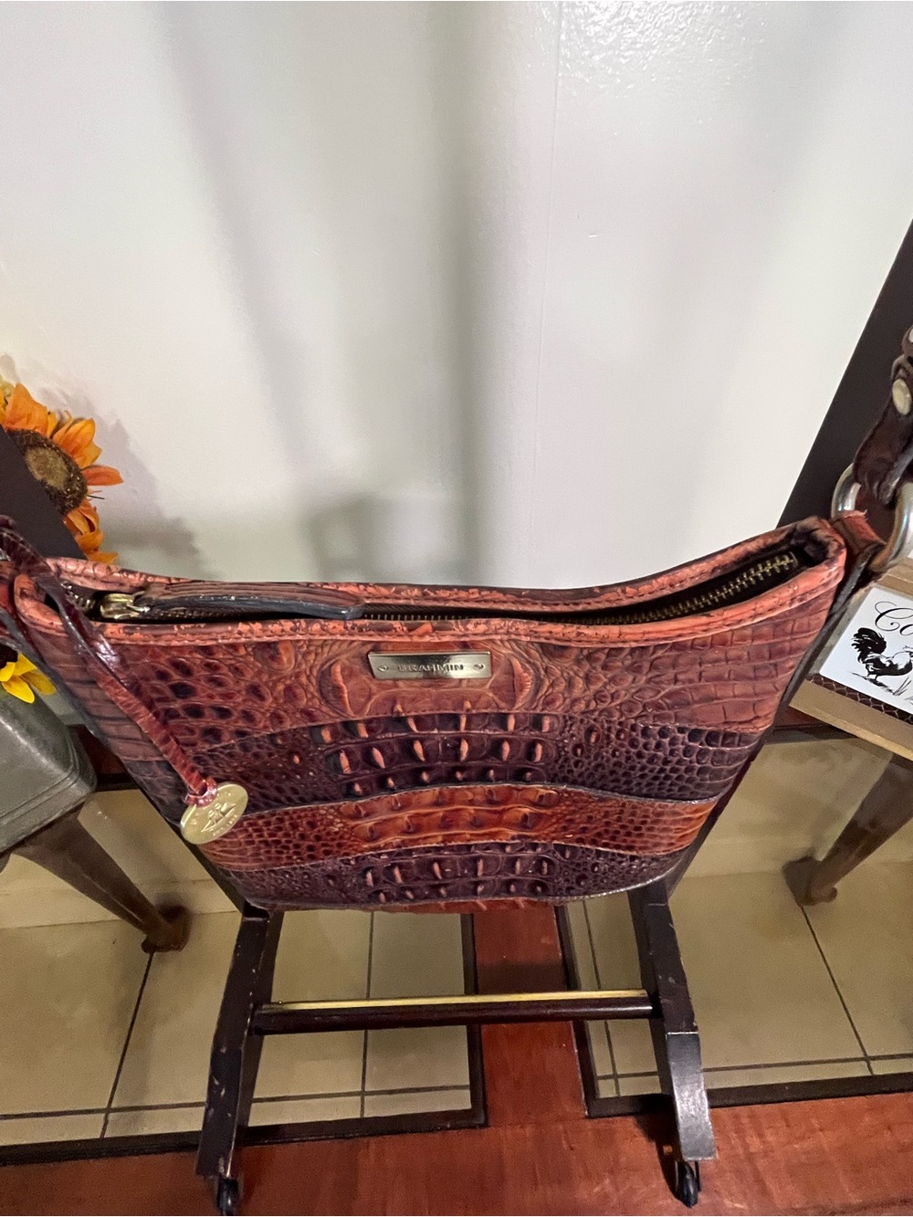 Brahmin Croc Embossed Leather Shoulder/Crossbody Bag Brown Multi - Picture 5 of 13